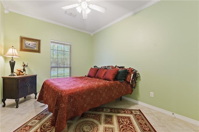 bedroom featuring light tile patterned floors, ceiling fan, and crown molding