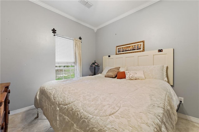 carpeted bedroom featuring ornamental molding and vaulted ceiling