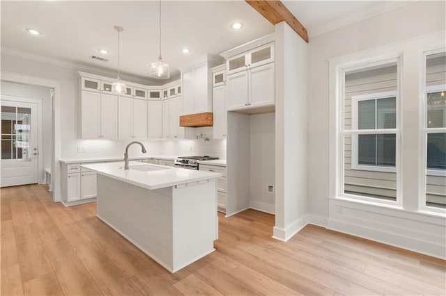 kitchen featuring white cabinetry, light hardwood / wood-style flooring, an island with sink, and stainless steel stove