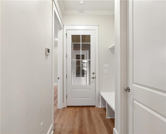 mudroom with ornamental molding and light wood-type flooring