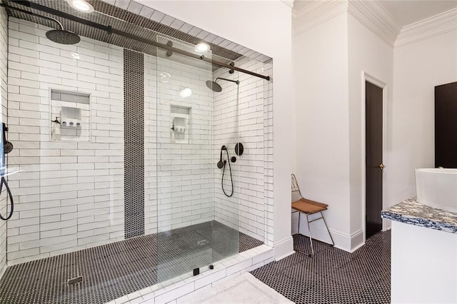 1900 N Rampart St, New Orleans, LA 70116 - bathroom with a shower stall, crown molding, and vanity