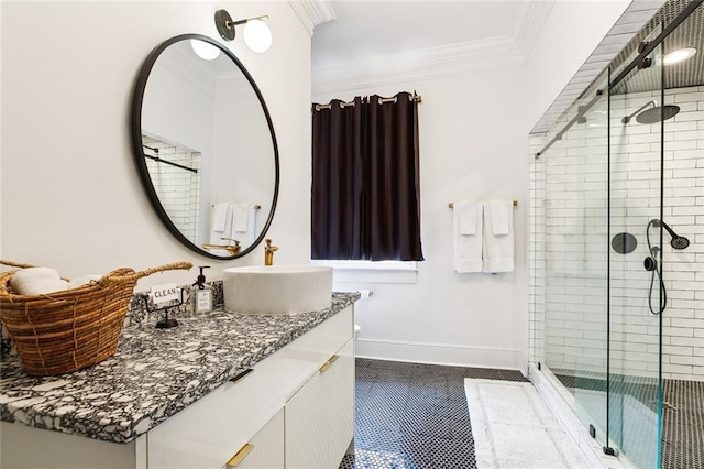 1900 N Rampart St, New Orleans, LA 70116 - bathroom with crown molding, a shower stall, vanity, and tile patterned floors