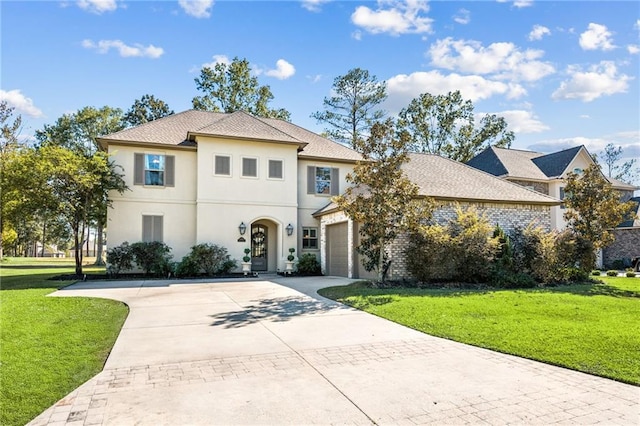 view of front of property featuring a front yard and a garage