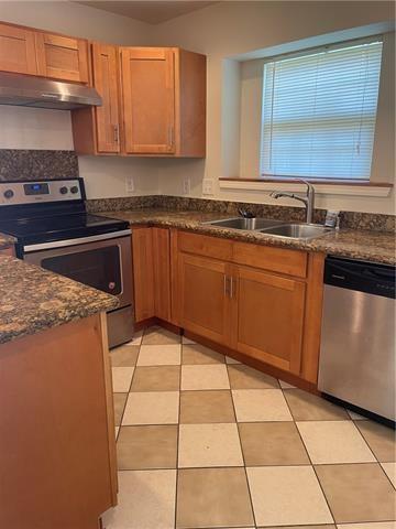 kitchen with stainless steel appliances, a sink, under cabinet range hood, and dark stone countertops