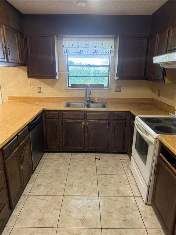 kitchen with dishwasher, white range with electric stovetop, sink, a textured ceiling, and tasteful backsplash