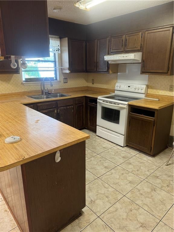 kitchen featuring kitchen peninsula, white electric stove, sink, and dark brown cabinets