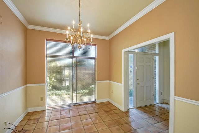 unfurnished dining area with crown molding, a chandelier, and light tile patterned floors