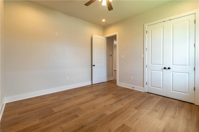 5144 Richland Ave, Marrero, LA 70072 - unfurnished bedroom featuring baseboards, light wood-style flooring, a closet, ceiling fan, and recessed lighting