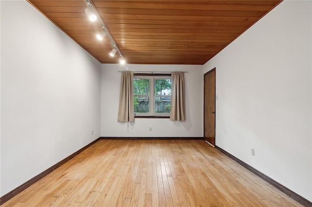 unfurnished room with light hardwood / wood-style flooring, track lighting, and wooden ceiling