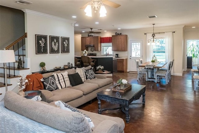 living room with ceiling fan with notable chandelier and ornamental molding