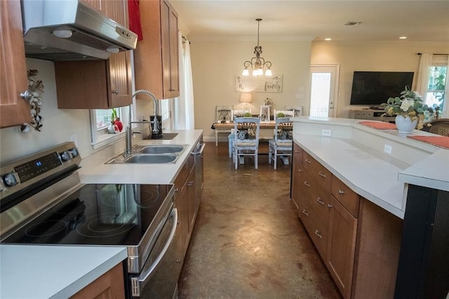 kitchen with sink, ventilation hood, a chandelier, stainless steel electric range, and ornamental molding