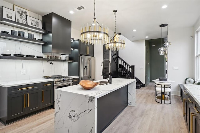 kitchen with a sink, visible vents, high quality appliances, open shelves, and light wood finished floors