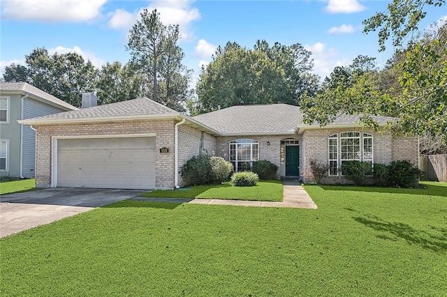 single story home featuring a front yard and a garage