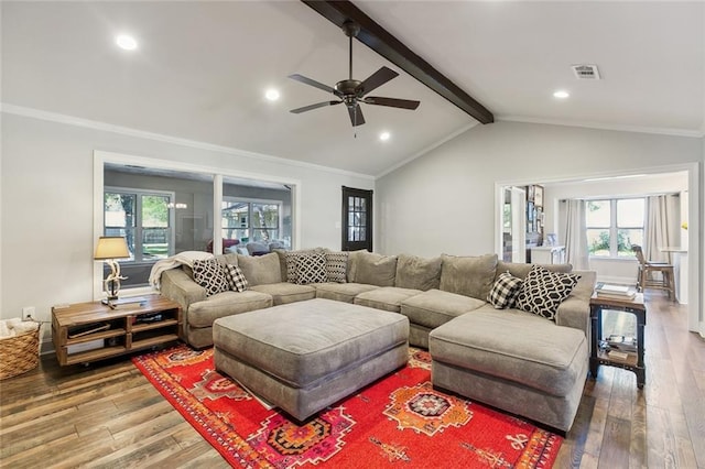 living room featuring a healthy amount of sunlight, hardwood / wood-style flooring, and lofted ceiling with beams