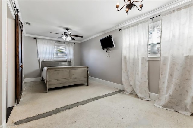 bedroom with ornamental molding, a barn door, and ceiling fan with notable chandelier