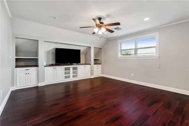 unfurnished living room featuring ornamental molding, ceiling fan, built in shelves, and dark hardwood / wood-style flooring