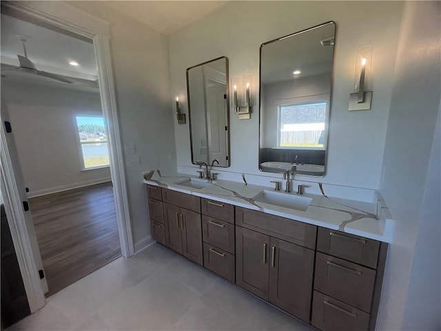 bathroom featuring vanity, hardwood / wood-style floors, and plenty of natural light