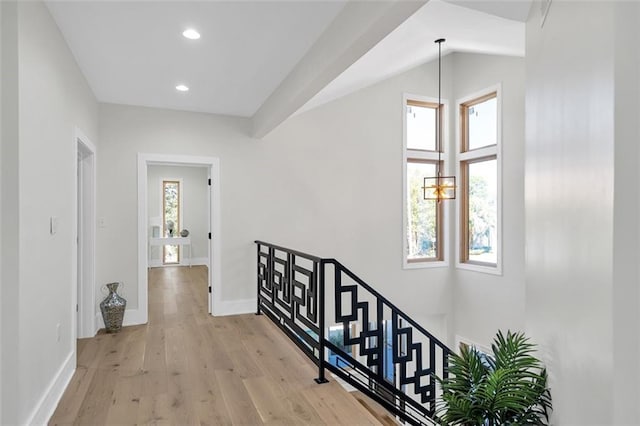 hall with lofted ceiling and light hardwood / wood-style flooring