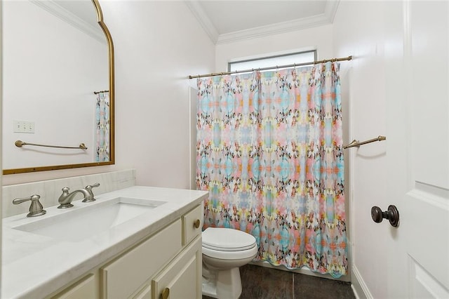 bathroom with vanity, ornamental molding, curtained shower, and toilet