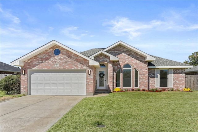 ranch-style home with a garage and a front lawn