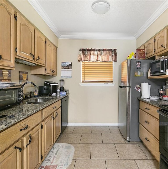 kitchen with ornamental molding, black appliances, sink, and dark stone counters