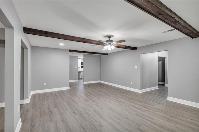 empty room featuring beam ceiling, light wood-type flooring, and ceiling fan