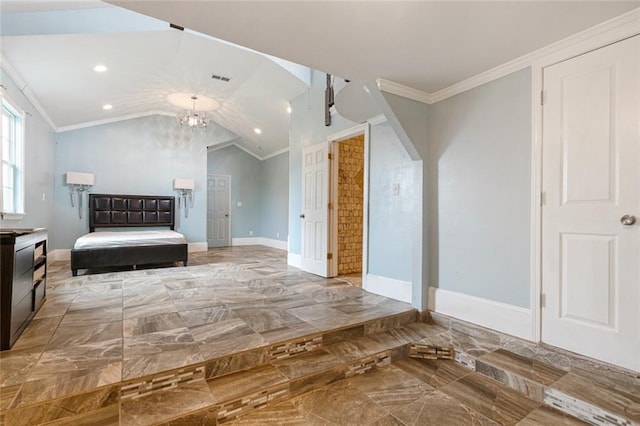 interior space with a chandelier and lofted ceiling