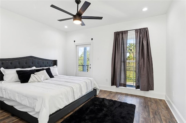 bedroom featuring ceiling fan and dark hardwood / wood-style flooring