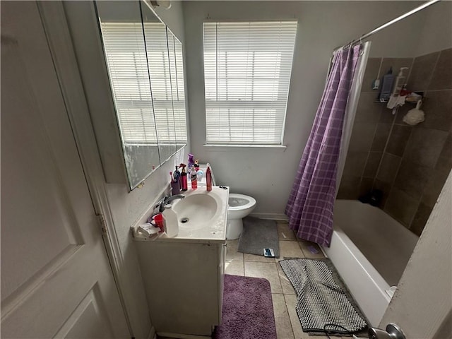 full bathroom with tile patterned flooring, vanity, shower / tub combo, and toilet