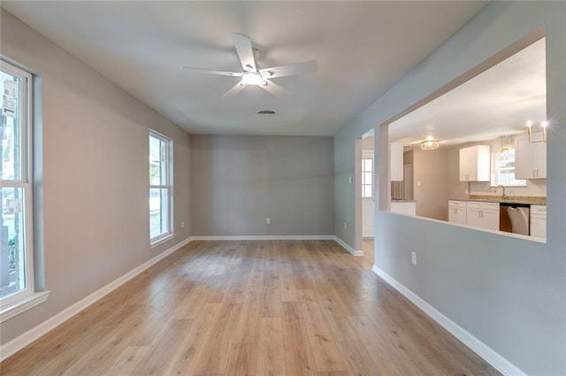 empty room with light hardwood / wood-style floors, sink, and ceiling fan