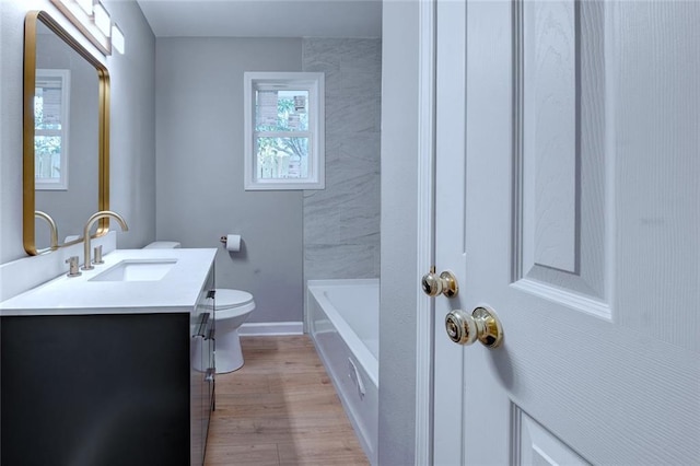 bathroom featuring vanity, wood-type flooring, toilet, and a bathing tub