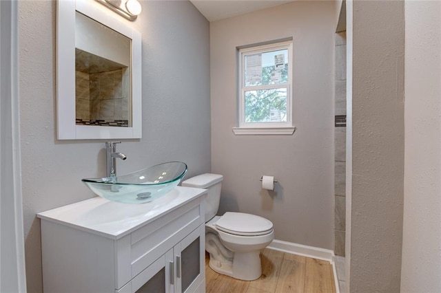 bathroom with vanity, toilet, and hardwood / wood-style floors