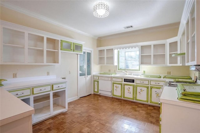 kitchen with white dishwasher, ornamental molding, sink, white cabinetry, and light parquet flooring