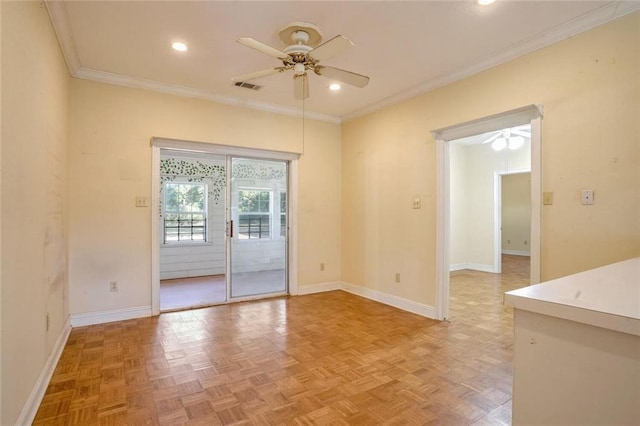 unfurnished room with crown molding, parquet floors, and ceiling fan