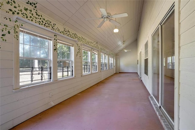 unfurnished sunroom with lofted ceiling and ceiling fan