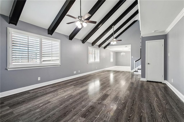 unfurnished living room featuring high vaulted ceiling, beamed ceiling, dark wood-type flooring, ceiling fan with notable chandelier, and crown molding