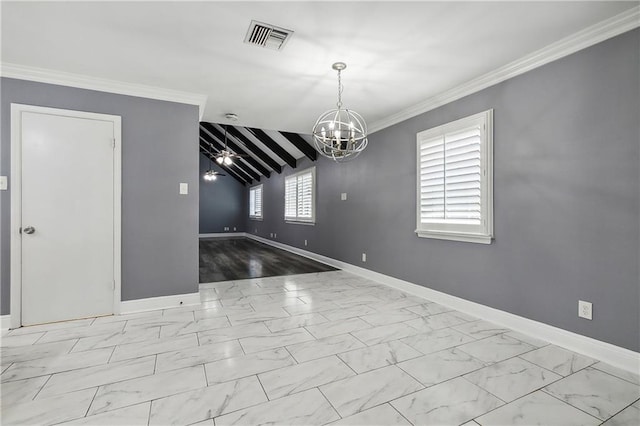 unfurnished dining area featuring a notable chandelier, ornamental molding, and lofted ceiling