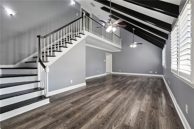 unfurnished living room featuring beam ceiling, high vaulted ceiling, and dark hardwood / wood-style floors