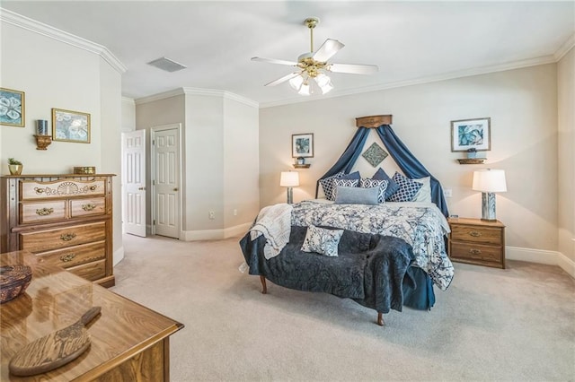 carpeted bedroom with crown molding, baseboards, visible vents, and ceiling fan