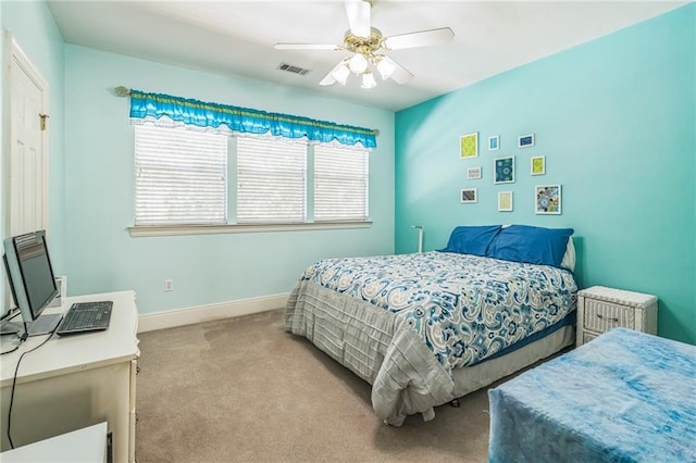 bedroom with visible vents, carpet, ceiling fan, and baseboards