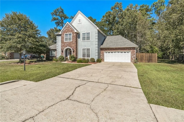 front facade with a front lawn and a garage