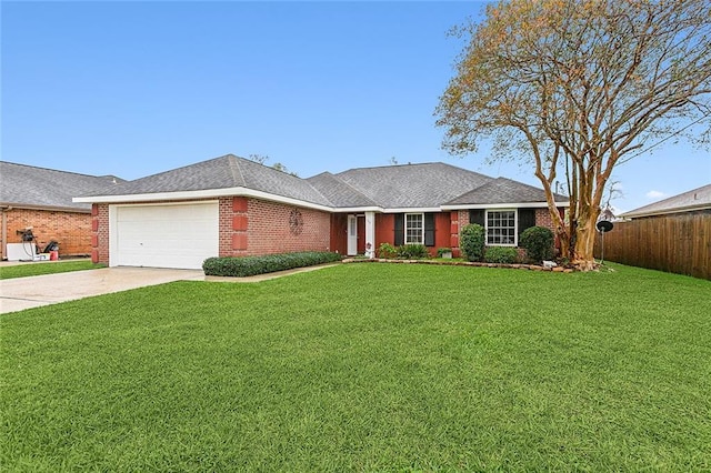 single story home featuring a front yard and a garage