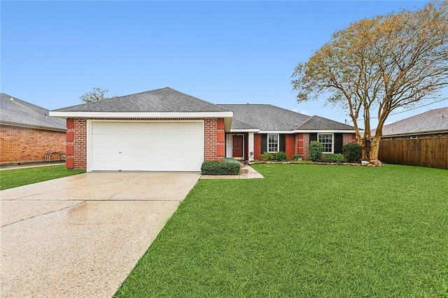 ranch-style home featuring a front yard and a garage