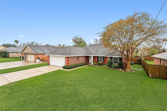 ranch-style house featuring a garage and a front lawn