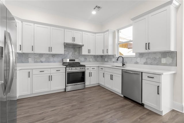 kitchen with sink, stainless steel appliances, white cabinets, dark wood-type flooring, and decorative backsplash