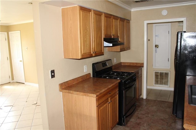 kitchen featuring light tile patterned flooring, black appliances, and ornamental molding