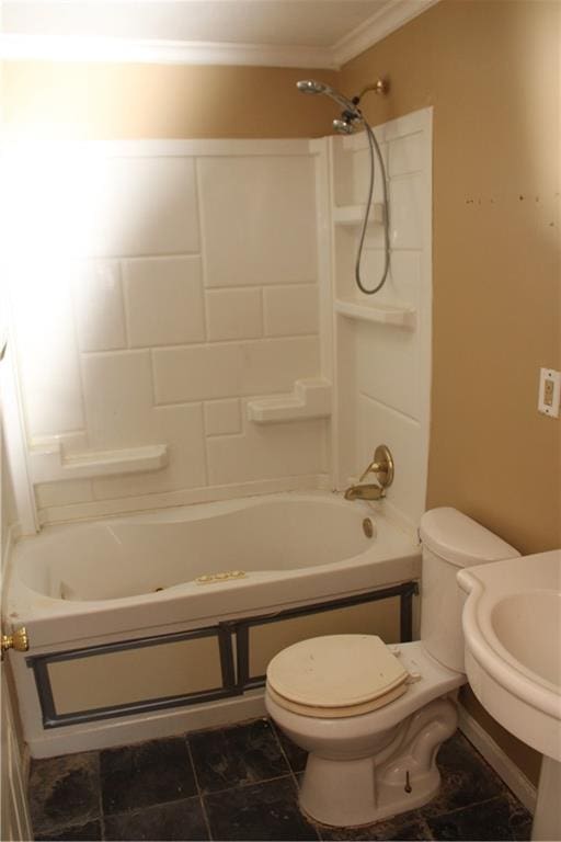 full bathroom with sink, toilet, ornamental molding, tile patterned flooring, and tub / shower combination