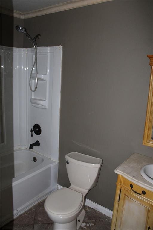 full bathroom featuring vanity, toilet, ornamental molding, and tub / shower combination