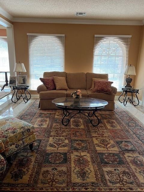 living room featuring ornamental molding and a textured ceiling