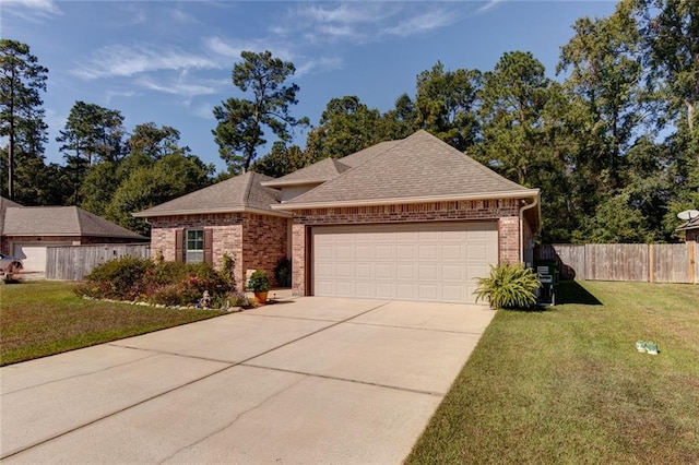 ranch-style house with a front yard and a garage